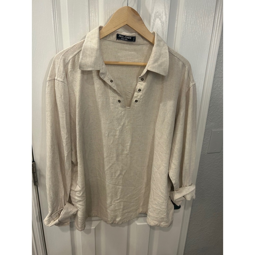 Paul Jones Pullover Top Cream Linen Blend V-Neck Long Sleeve Coastal‎ Blouse XXL